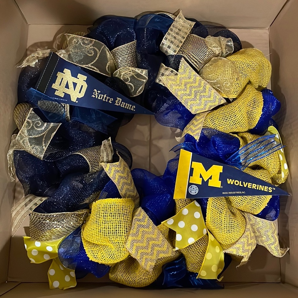 Michigan - Notre Dame door wreath with burlap and ribbons